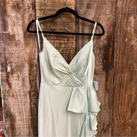 Mac Duggal Light Green Satin Ruffled Asymmetrical Gown slip dress maxi NWT 4 - Picture 9 of 14